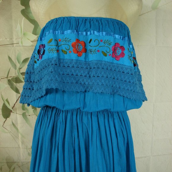 Bright Turquoise Aqua  Mexican Floral Embroidered Dress Off Shoulder Summer - Picture 2 of 12